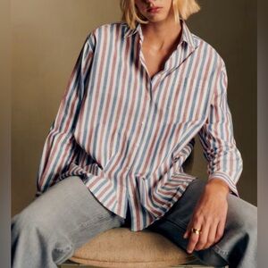 Sezane Max Shirt Blue Ecru Burgundy Stripes Size 12